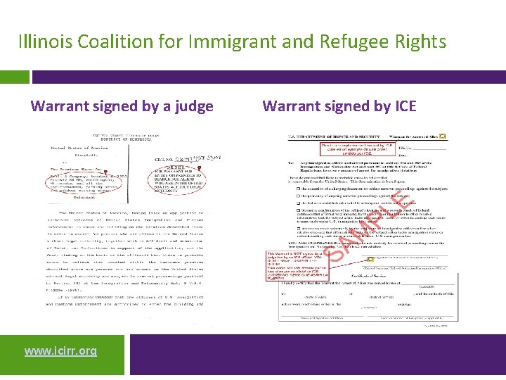Illinois Coalition for Immigrant and Refugee Rights Warrant signed by a judge www. icirr.