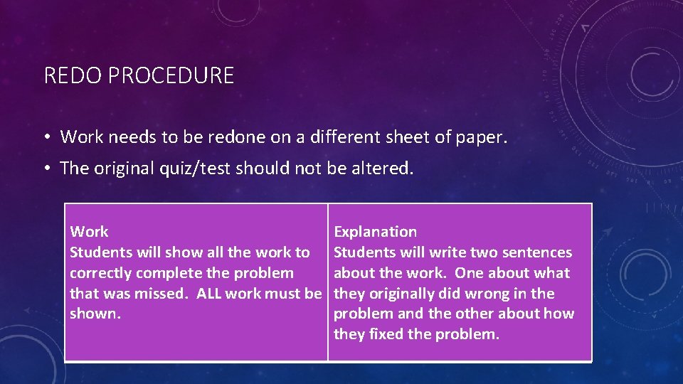 REDO PROCEDURE • Work needs to be redone on a different sheet of paper.