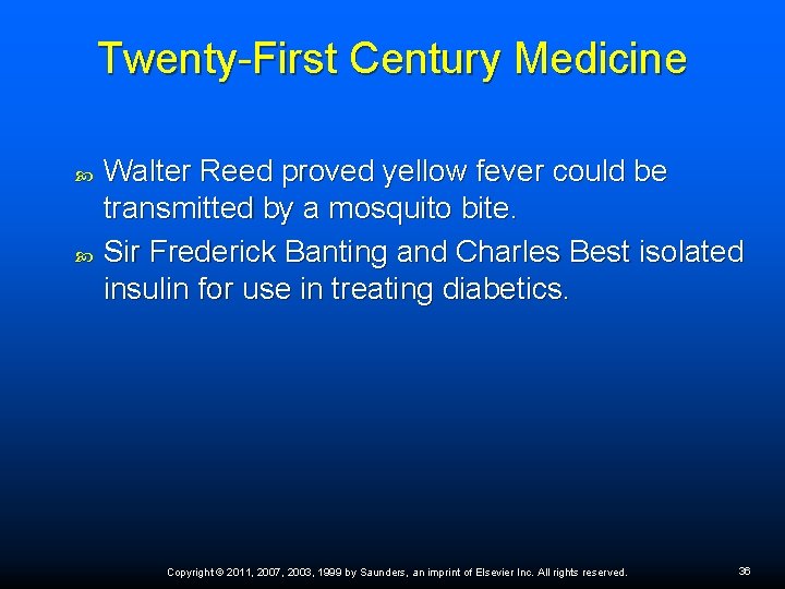 Twenty-First Century Medicine Walter Reed proved yellow fever could be transmitted by a mosquito