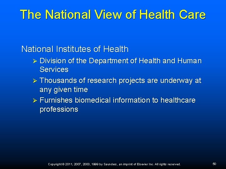 The National View of Health Care National Institutes of Health Division of the Department