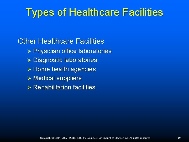 Types of Healthcare Facilities Other Healthcare Facilities Physician office laboratories Ø Diagnostic laboratories Ø