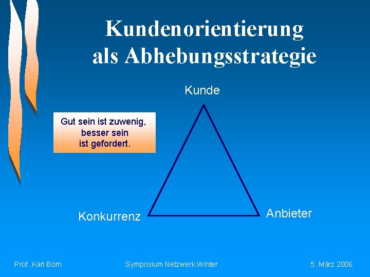 Kundenorientierung als Abhebungsstrategie Kunde Gut sein ist zuwenig, besser sein ist gefordert. Konkurrenz Prof.