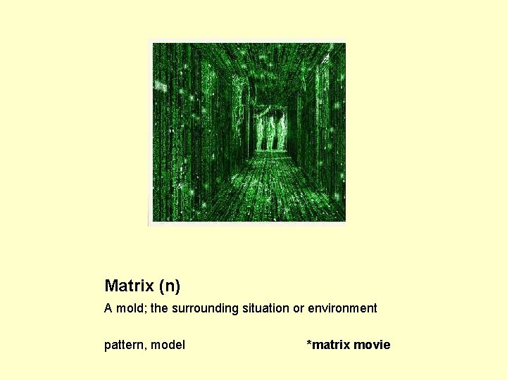 Matrix (n) A mold; the surrounding situation or environment pattern, model *matrix movie 