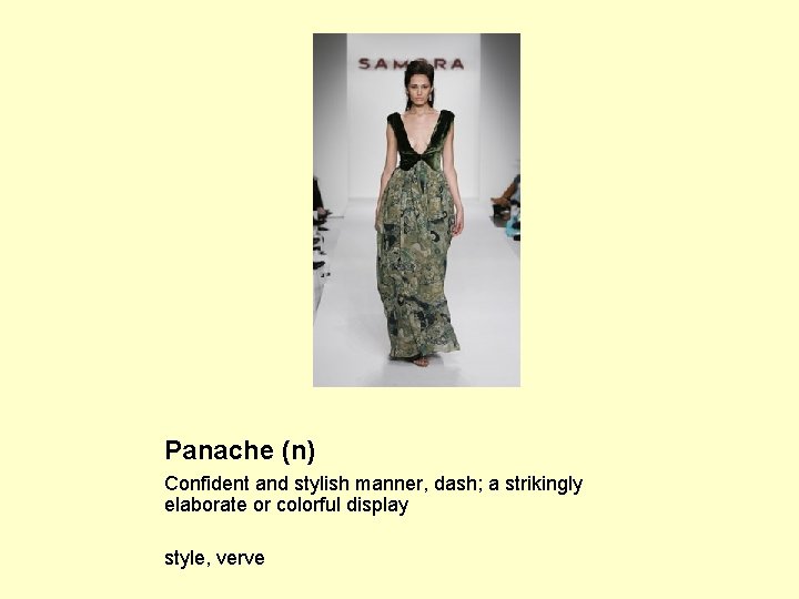 Panache (n) Confident and stylish manner, dash; a strikingly elaborate or colorful display style,