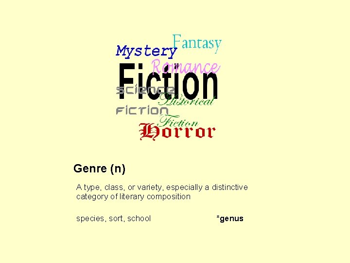 Genre (n) A type, class, or variety, especially a distinctive category of literary composition