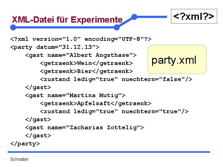 XML-Datei für Experimente <? xml? > <? xml version="1. 0" encoding="UTF-8"? > <party datum="31.