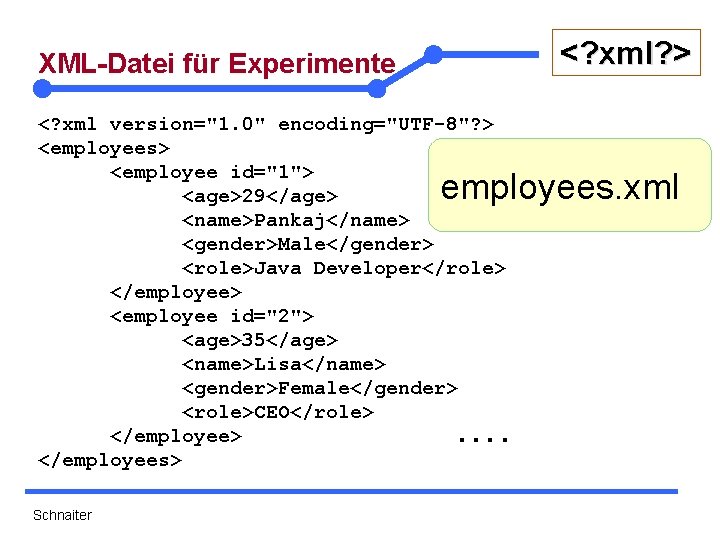 <? xml? > XML-Datei für Experimente <? xml version="1. 0" encoding="UTF-8"? > <employees> <employee