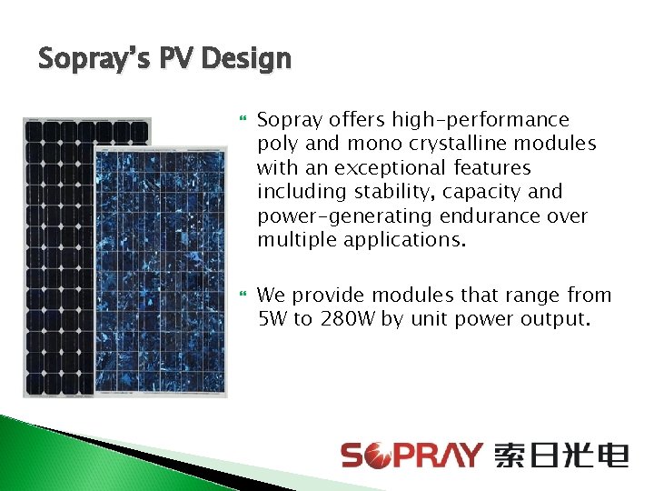 Sopray’s PV Design Sopray offers high-performance poly and mono crystalline modules with an exceptional