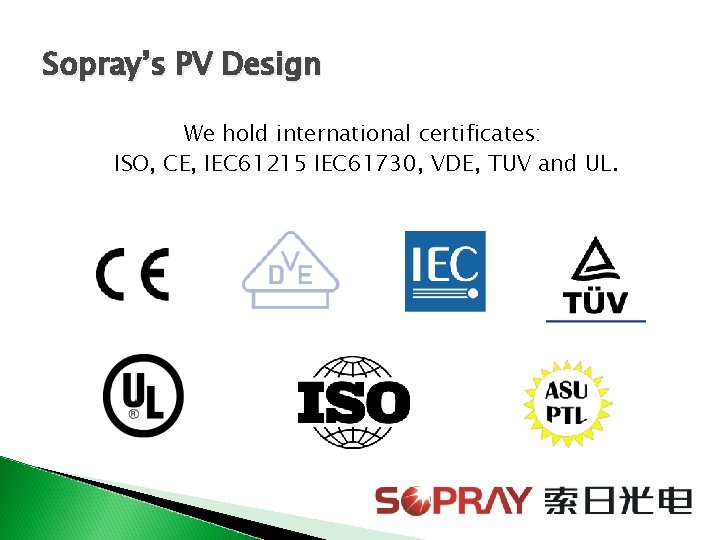 Sopray’s PV Design We hold international certificates: ISO, CE, IEC 61215 IEC 61730, VDE,