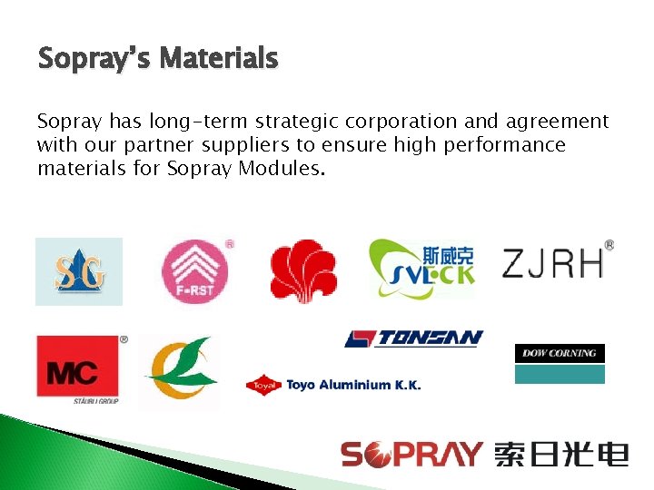 Sopray’s Materials Sopray has long-term strategic corporation and agreement with our partner suppliers to