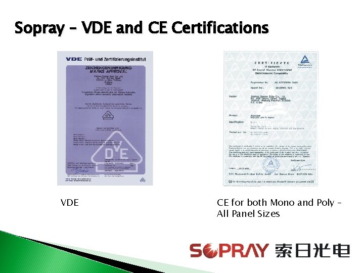 Sopray – VDE and CE Certifications VDE CE for both Mono and Poly –