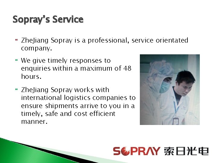 Sopray’s Service Zhe. Jiang Sopray is a professional, service orientated company. We give timely