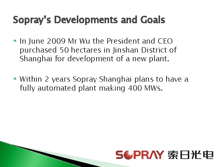 Sopray’s Developments and Goals In June 2009 Mr Wu the President and CEO purchased