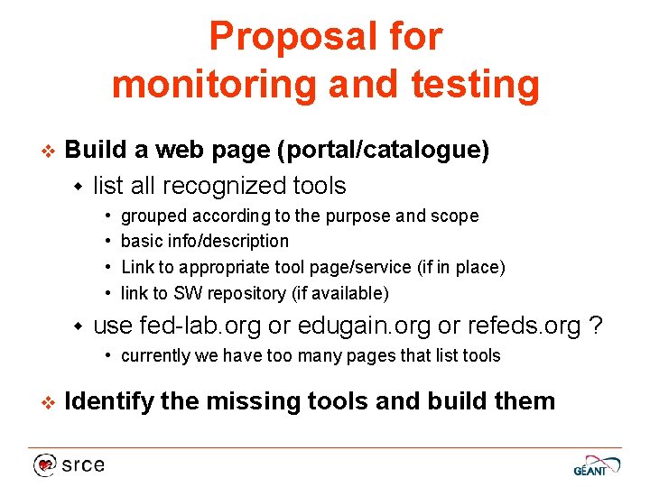 Proposal for monitoring and testing v Build a web page (portal/catalogue) w list all