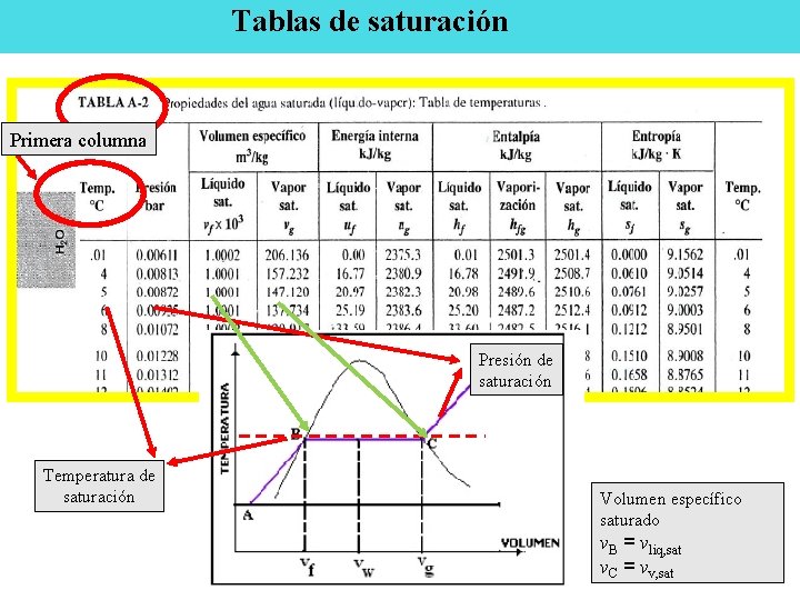 Tablas de saturación Primera columna Presión de saturación Temperatura de saturación Volumen específico saturado