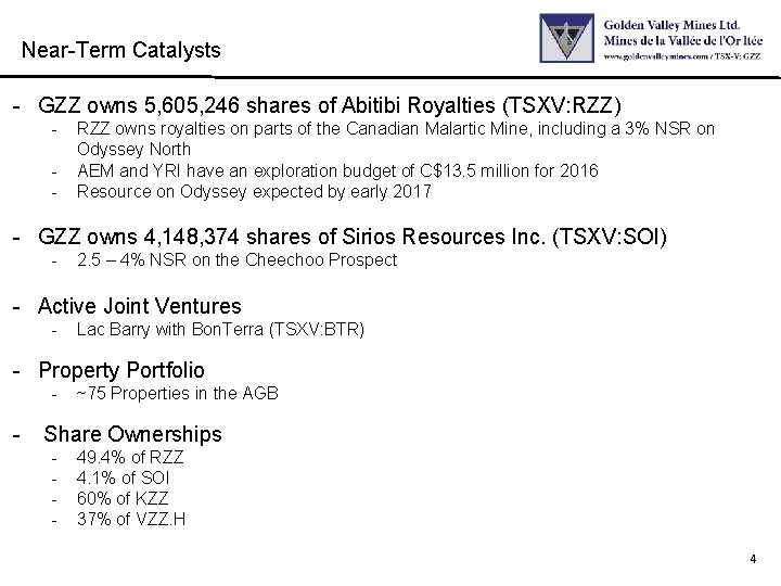 Near-Term Catalysts - GZZ owns 5, 605, 246 shares of Abitibi Royalties (TSXV: RZZ)