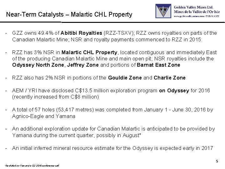 Near-Term Catalysts – Malartic CHL Property - GZZ owns 49. 4% of Abitibi Royalties