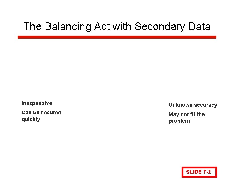 The Balancing Act with Secondary Data Inexpensive Unknown accuracy Can be secured quickly May