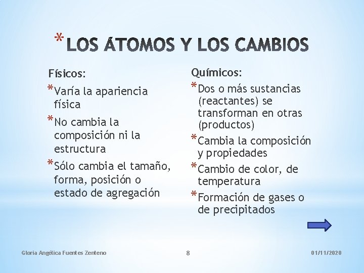 * Químicos: *Dos o más sustancias (reactantes) se transforman en otras (productos) *Cambia la