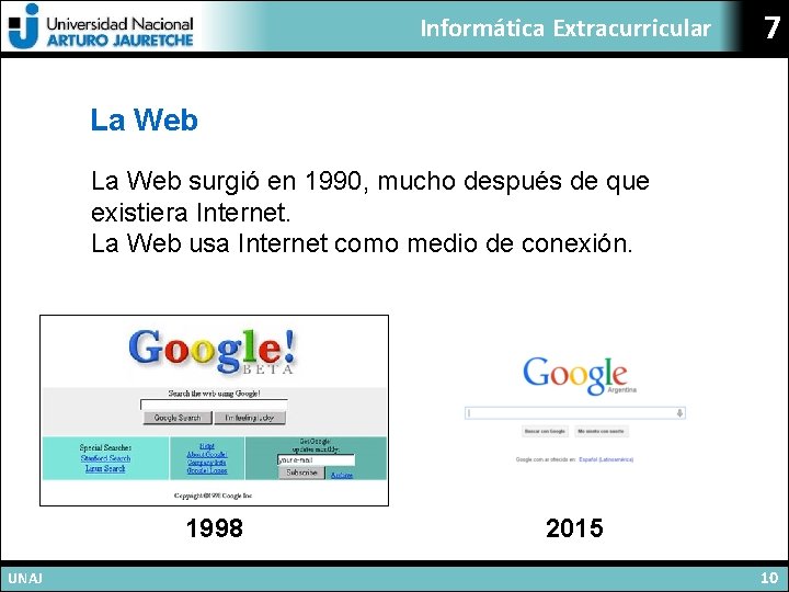 Informática Extracurricular 7 La Web surgió en 1990, mucho después de que existiera Internet.