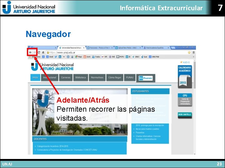 Informática Extracurricular 7 Navegador Adelante/Atrás Permiten recorrer las páginas visitadas. UNAJ 23 