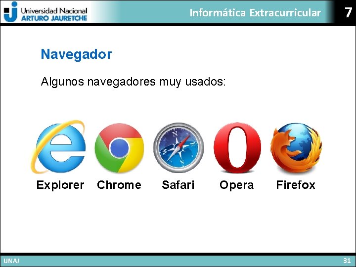 Informática Extracurricular 7 Navegador Algunos navegadores muy usados: Explorer UNAJ Chrome Safari Opera Firefox