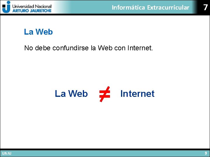 Informática Extracurricular 7 La Web No debe confundirse la Web con Internet. La Web