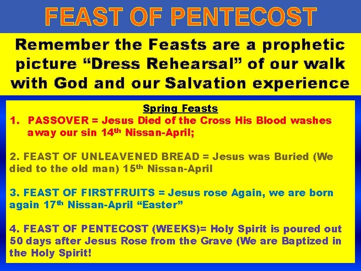 FEAST OF PENTECOST Remember the Feasts are a prophetic picture “Dress Rehearsal” of our