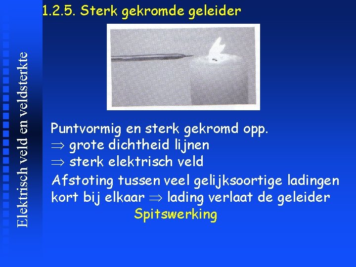 Elektrisch veld en veldsterkte 1. 2. 5. Sterk gekromde geleider Puntvormig en sterk gekromd