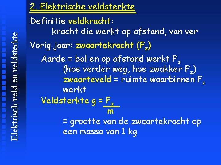 Elektrisch veld en veldsterkte 2. Elektrische veldsterkte Definitie veldkracht: kracht die werkt op afstand,