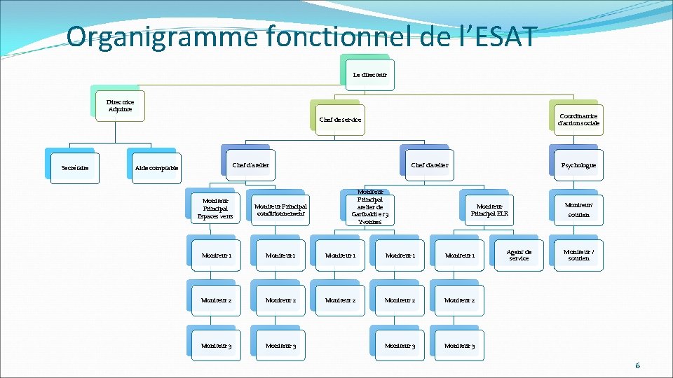 Organigramme fonctionnel de l’ESAT Le directeur Directrice Adjointe Coordinatrice d’action sociale Chef de service