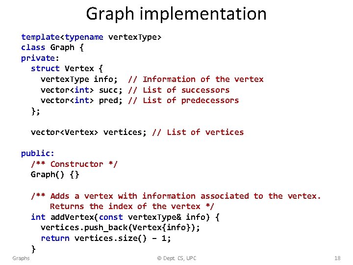 Graph implementation template<typename vertex. Type> class Graph { private: struct Vertex { vertex. Type