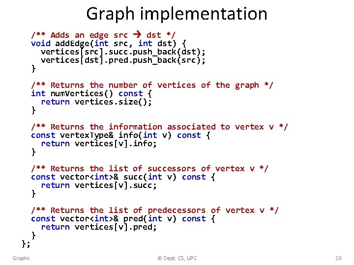 Graph implementation /** Adds an edge src dst */ void add. Edge(int src, int
