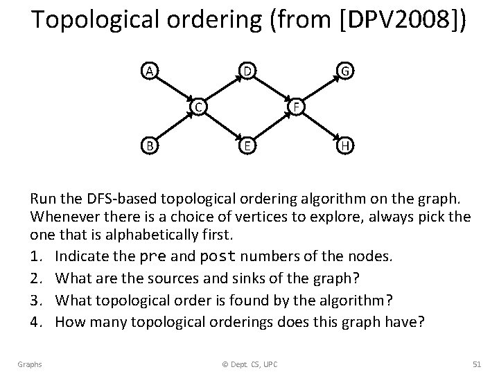 Topological ordering (from [DPV 2008]) A D C B G F E H Run