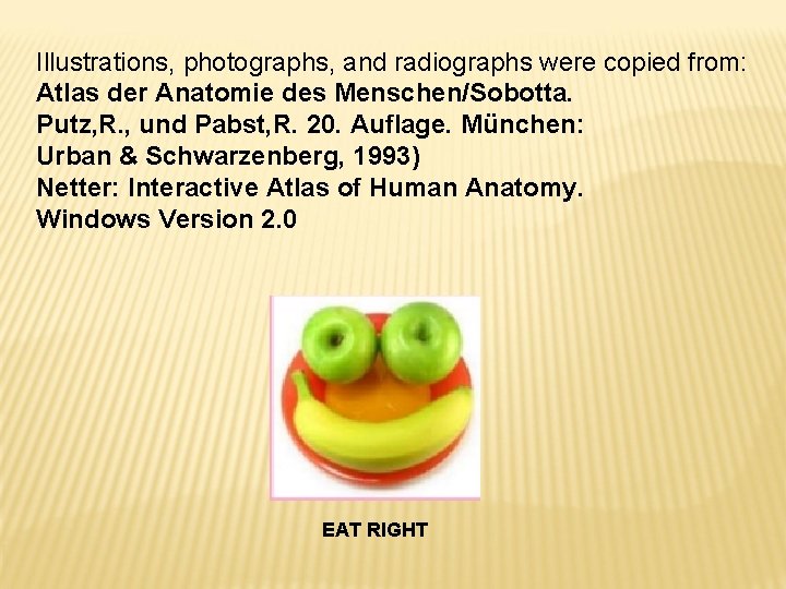 Illustrations, photographs, and radiographs were copied from: Atlas der Anatomie des Menschen/Sobotta. Putz, R.