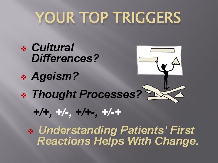 YOUR TOP TRIGGERS v Cultural Differences? v Ageism? v Thought Processes? +/+, +/-, +/+-,