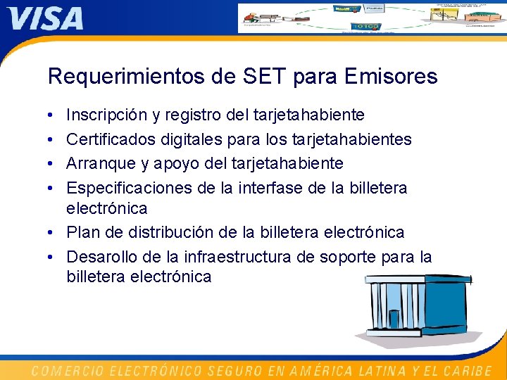 Requerimientos de SET para Emisores • • Inscripción y registro del tarjetahabiente Certificados digitales