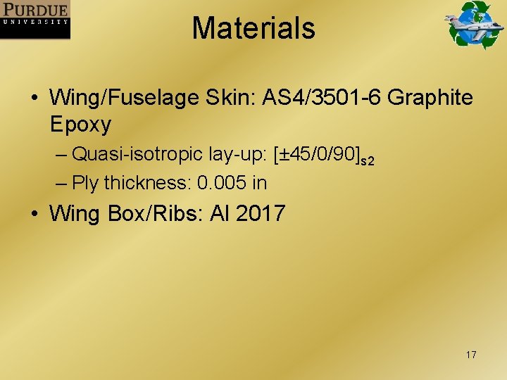 Materials • Wing/Fuselage Skin: AS 4/3501 -6 Graphite Epoxy – Quasi-isotropic lay-up: [± 45/0/90]s