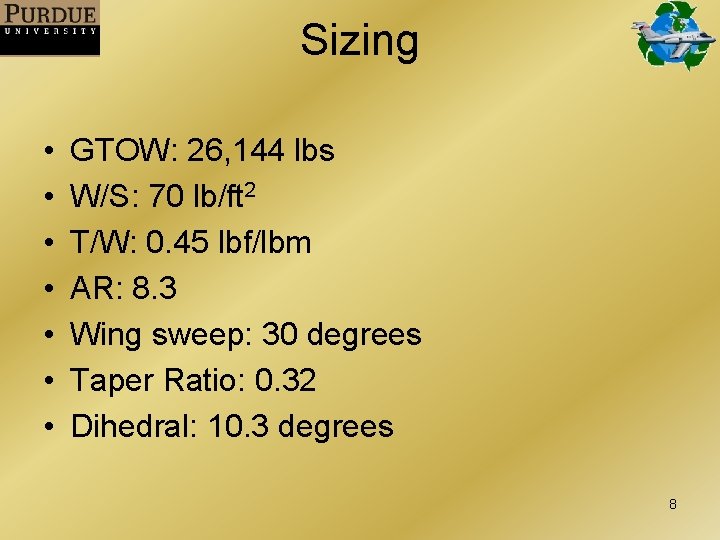 Sizing • • GTOW: 26, 144 lbs W/S: 70 lb/ft 2 T/W: 0. 45