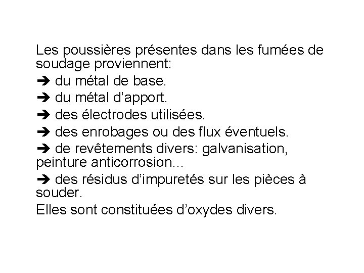 Les poussières présentes dans les fumées de soudage proviennent: du métal de base. du