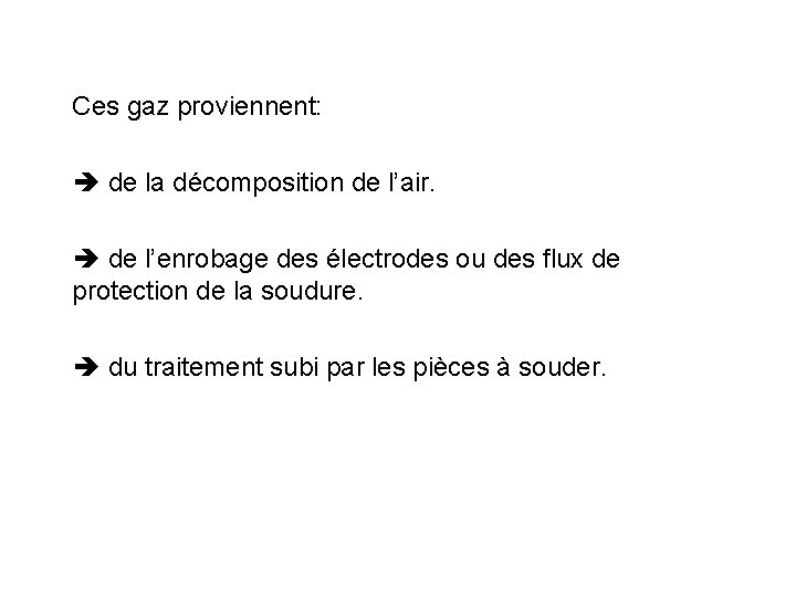 Ces gaz proviennent: de la décomposition de l’air. de l’enrobage des électrodes ou des