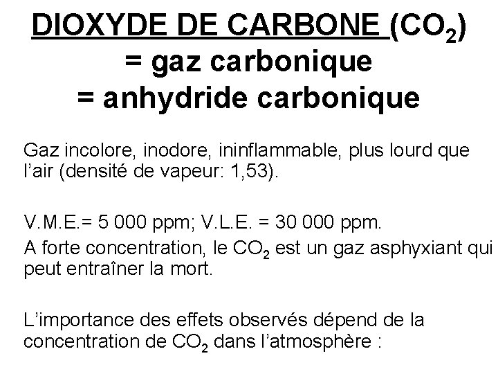 DIOXYDE DE CARBONE (CO 2) = gaz carbonique = anhydride carbonique Gaz incolore, inodore,