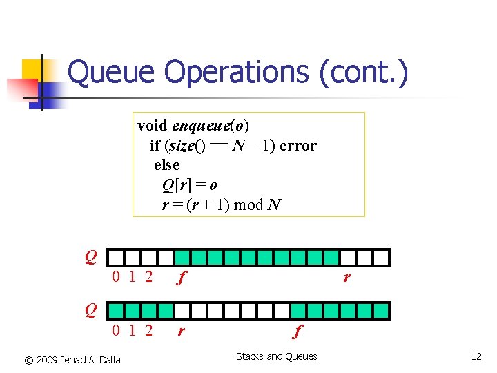 Queue Operations (cont. ) void enqueue(o) if (size() == N 1) error else Q[r]