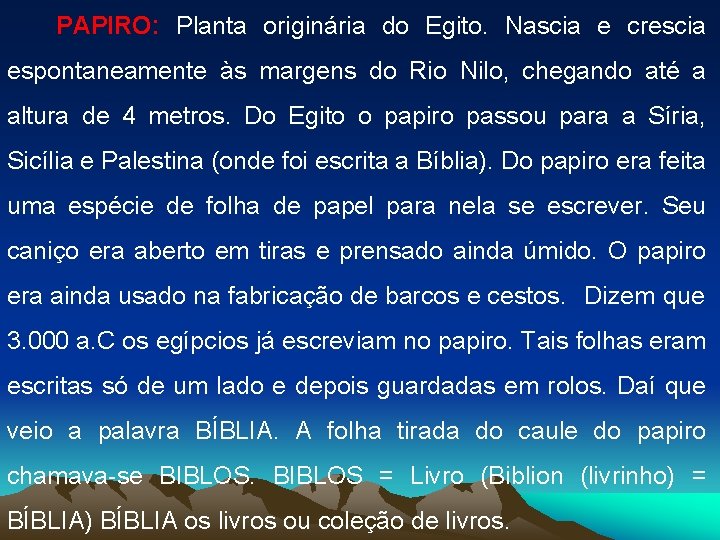 PAPIRO: Planta originária do Egito. Nascia e crescia espontaneamente às margens do Rio Nilo,
