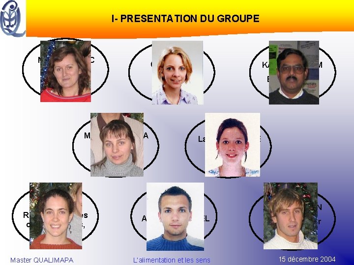 I- PRESENTATION DU GROUPE Michèle MARIC Responsable de Projet Stéphanie CHEVALIER Chintaka KARIYAWASAM Animatrice