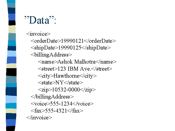 ”Data”: <invoice> <order. Date>19990121</order. Date> <ship. Date>19990125</ship. Date> <billing. Address> <name>Ashok Malhotra</name> <street>123 IBM