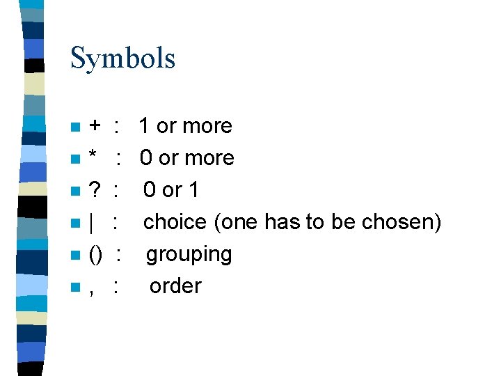 Symbols n n n + * ? | () , : : : 1