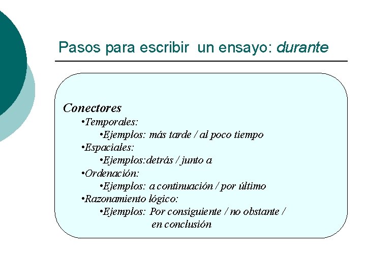 Pasos para escribir un ensayo: durante Conectores • Temporales: • Ejemplos: más tarde /