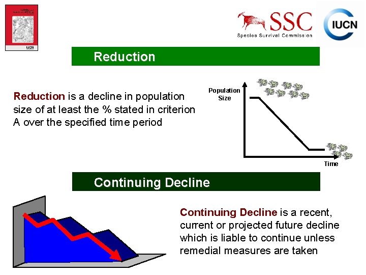 Reduction is a decline in population size of at least the % stated in