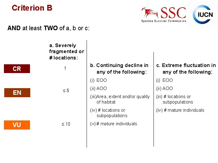 Criterion B AND at least TWO of a, b or c: a. Severely fragmented